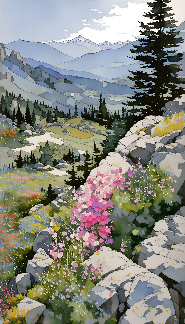 Vibrant wildflower meadow with pink blooms, rocky outcrops, and distant mountains under