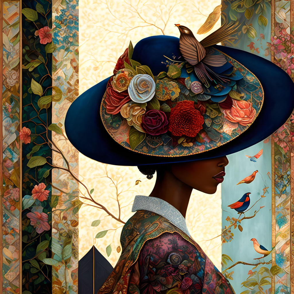 Profile of a woman in wide-brimmed hat with flowers and bird, set against floral backdrop.