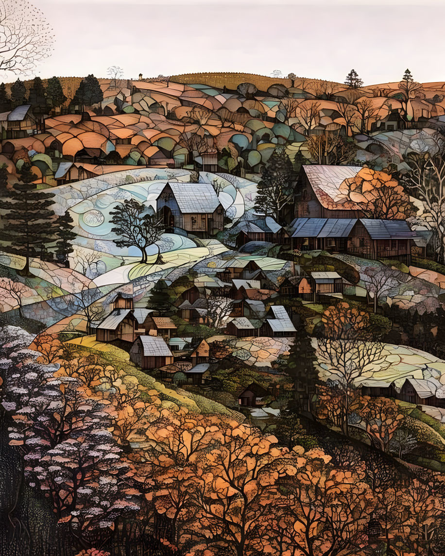 Detailed Artwork of Rustic Village in Rolling Hills