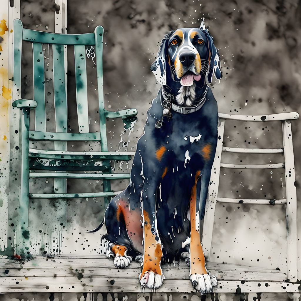 Black and Tan Dog Sitting by Green Chair in Watercolor Effect