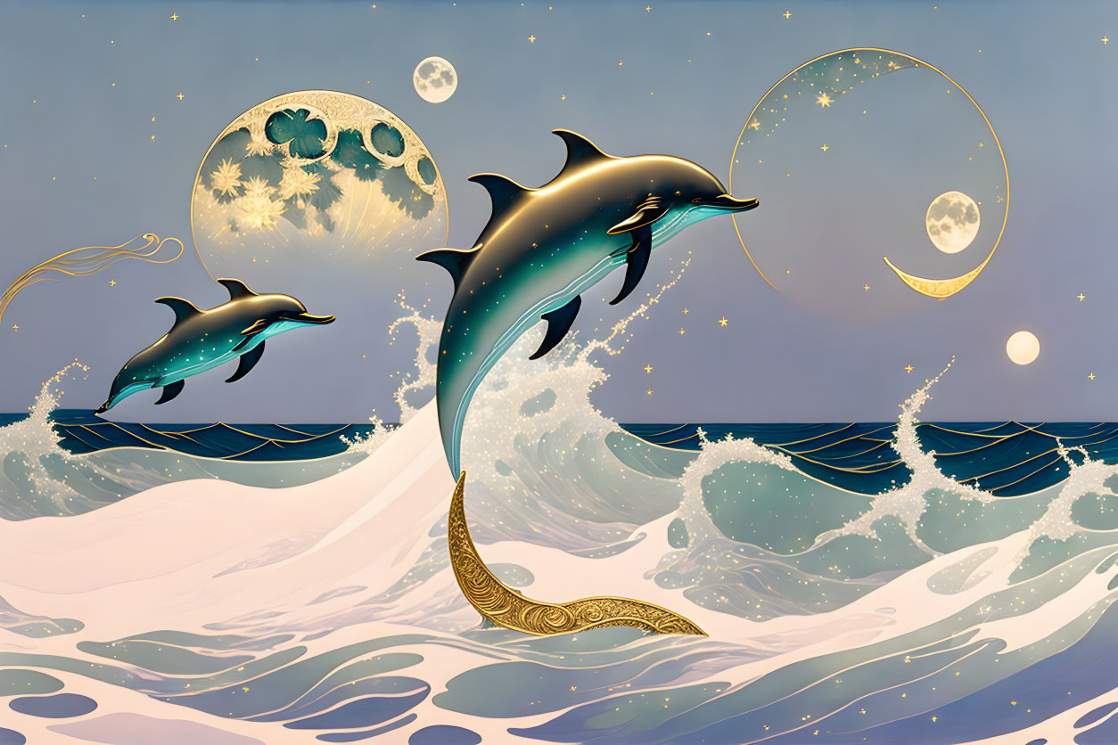 Dolphins leaping over stylized waves in celestial scene