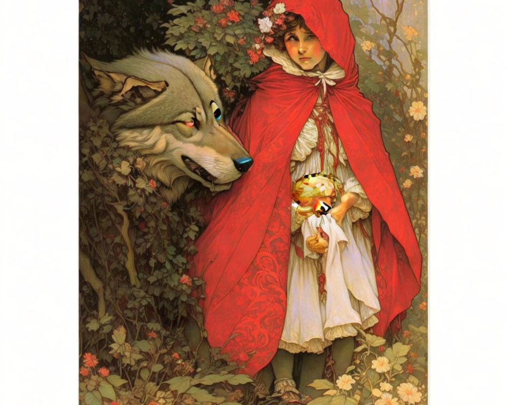 Girl in Red Hood with Wolf, Cat, and Floral Backdrop