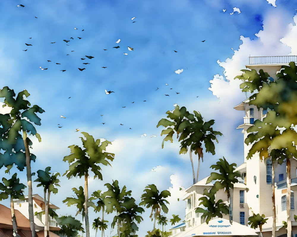 Tropical beach scene with palm trees, blue skies, and people walking