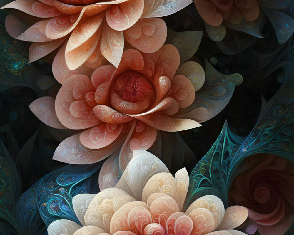 Stylized fractal flowers in warm colors on textured background