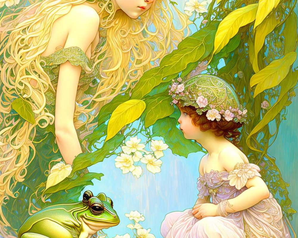 Ethereal illustration of woman, child, frog, and foliage in golden light