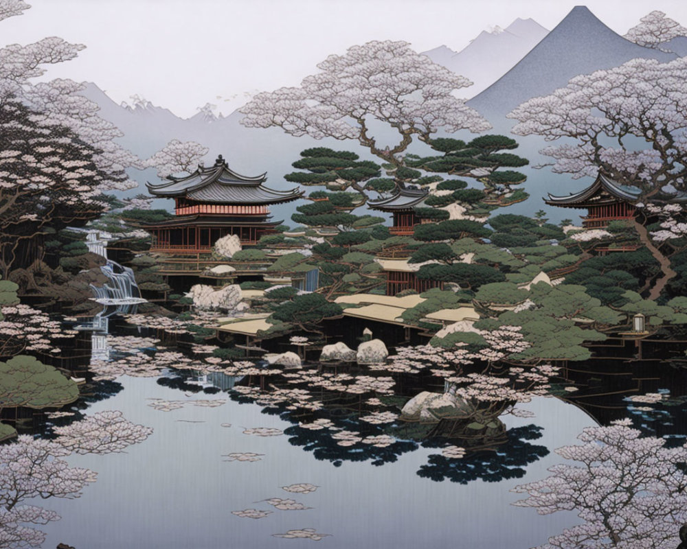 Japanese Pagoda Roofs, Cherry Trees, Pond, Mountain Backdrop