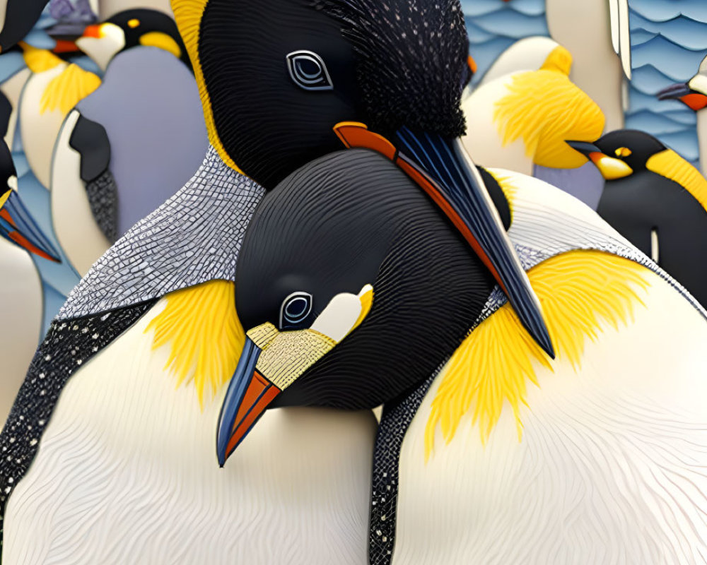 Illustrated Penguins Embracing in Colorful Scene