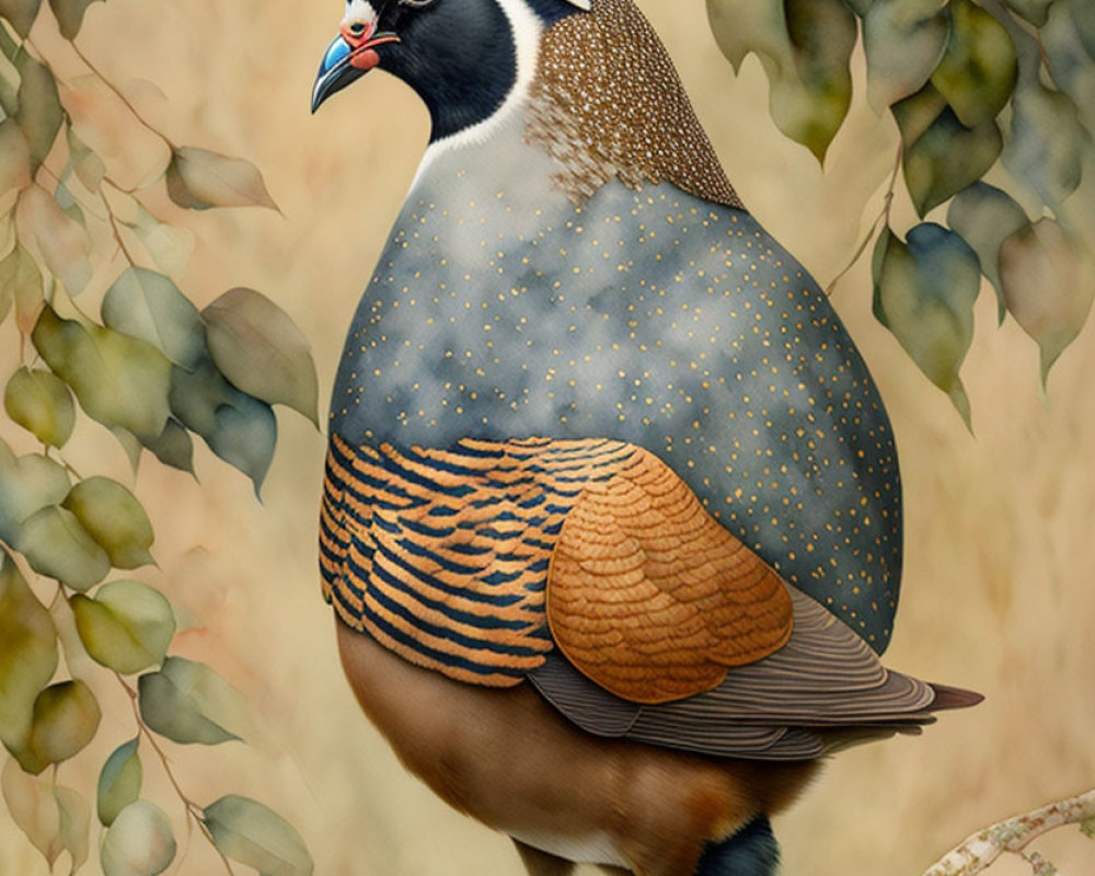 Colorful Bird with Crested Head and Patterned Wings in Green Foliage