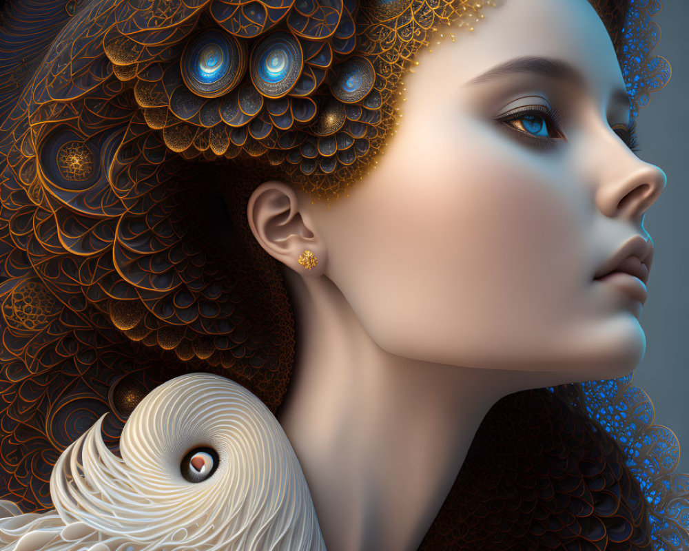 Detailed digital portrait of woman with peacock feather-like designs and owl in blues and golds