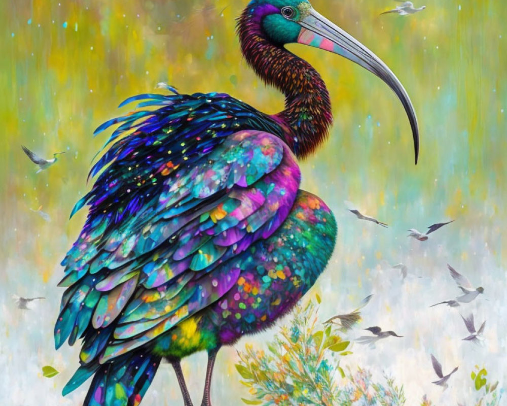 Colorful Iridescent Bird with Long Beak in Dreamy Background