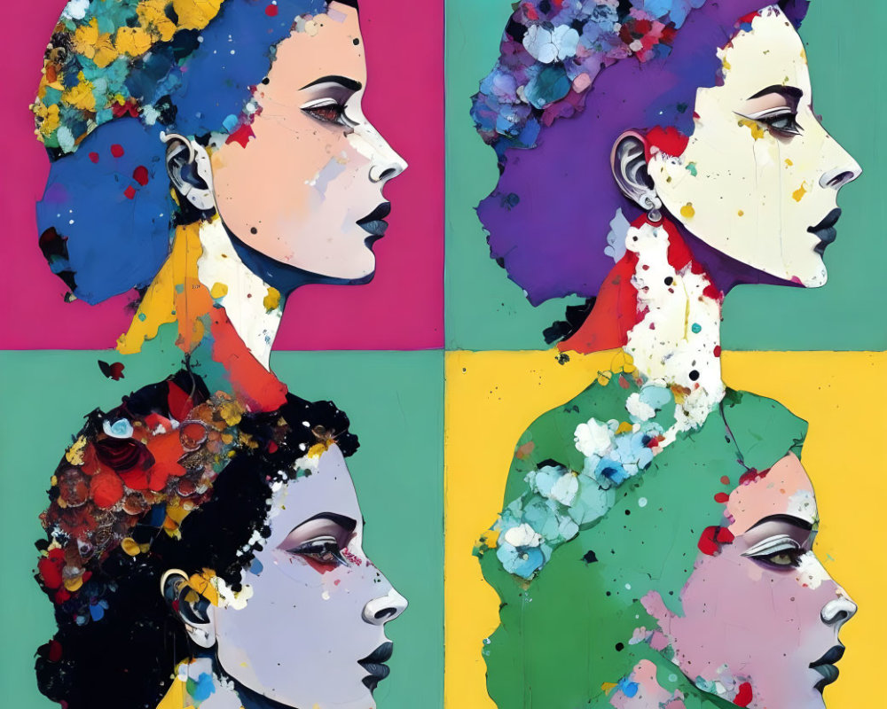 Stylized portraits of women in profile with vibrant backgrounds and floral motifs