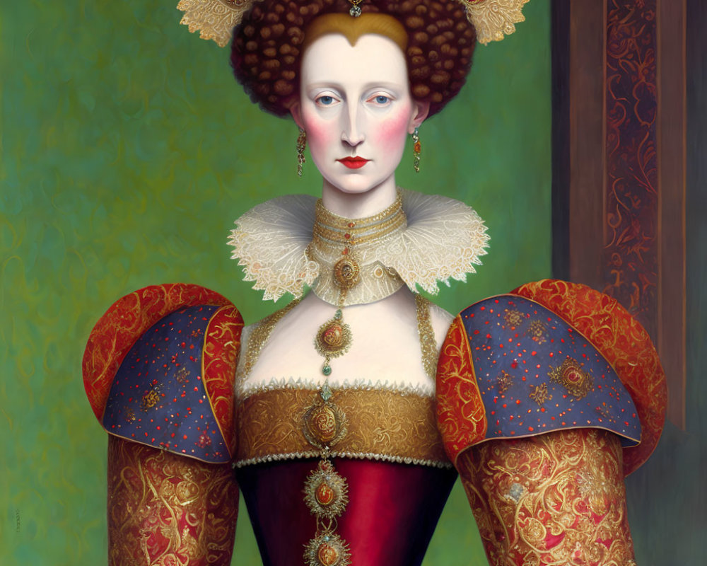 Portrait of a woman in ornate Renaissance attire with high collar and jeweled bodice