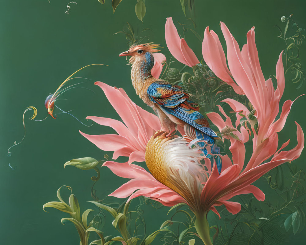 Vibrant surreal bird illustration on pink plant with whimsical creature