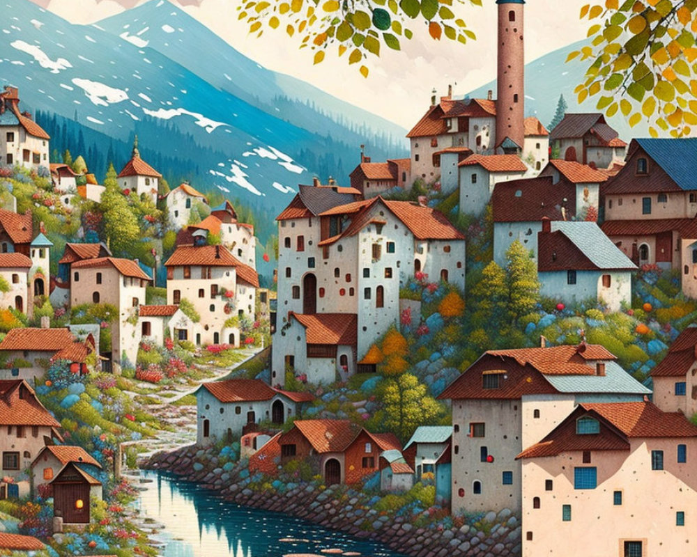 Tranquil village scene with traditional houses, river, hills, and mountains