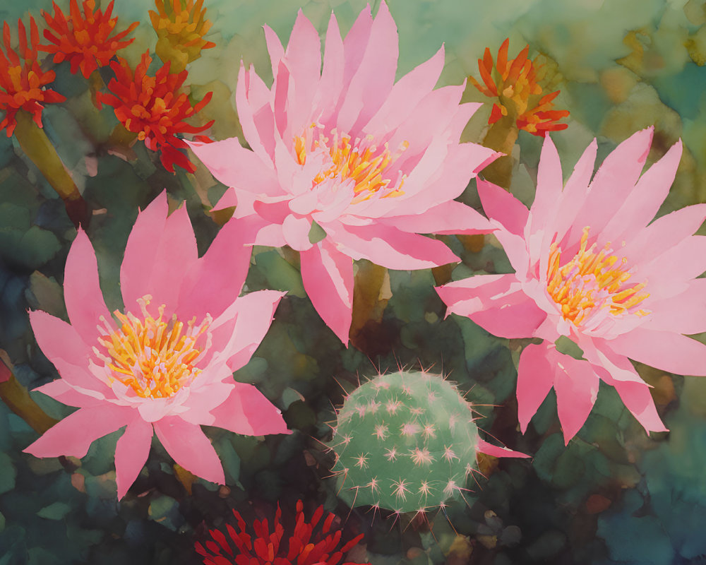 Vibrant pink water lilies painting with cactus and red blooms