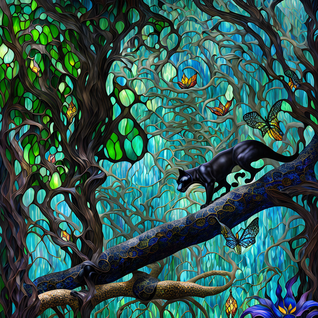 Stylized black panther walking in vibrant forest with butterflies