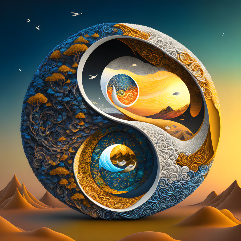 Intricate Yin-Yang Digital Artwork with Birds, Moon, and Fantasy Landscapes