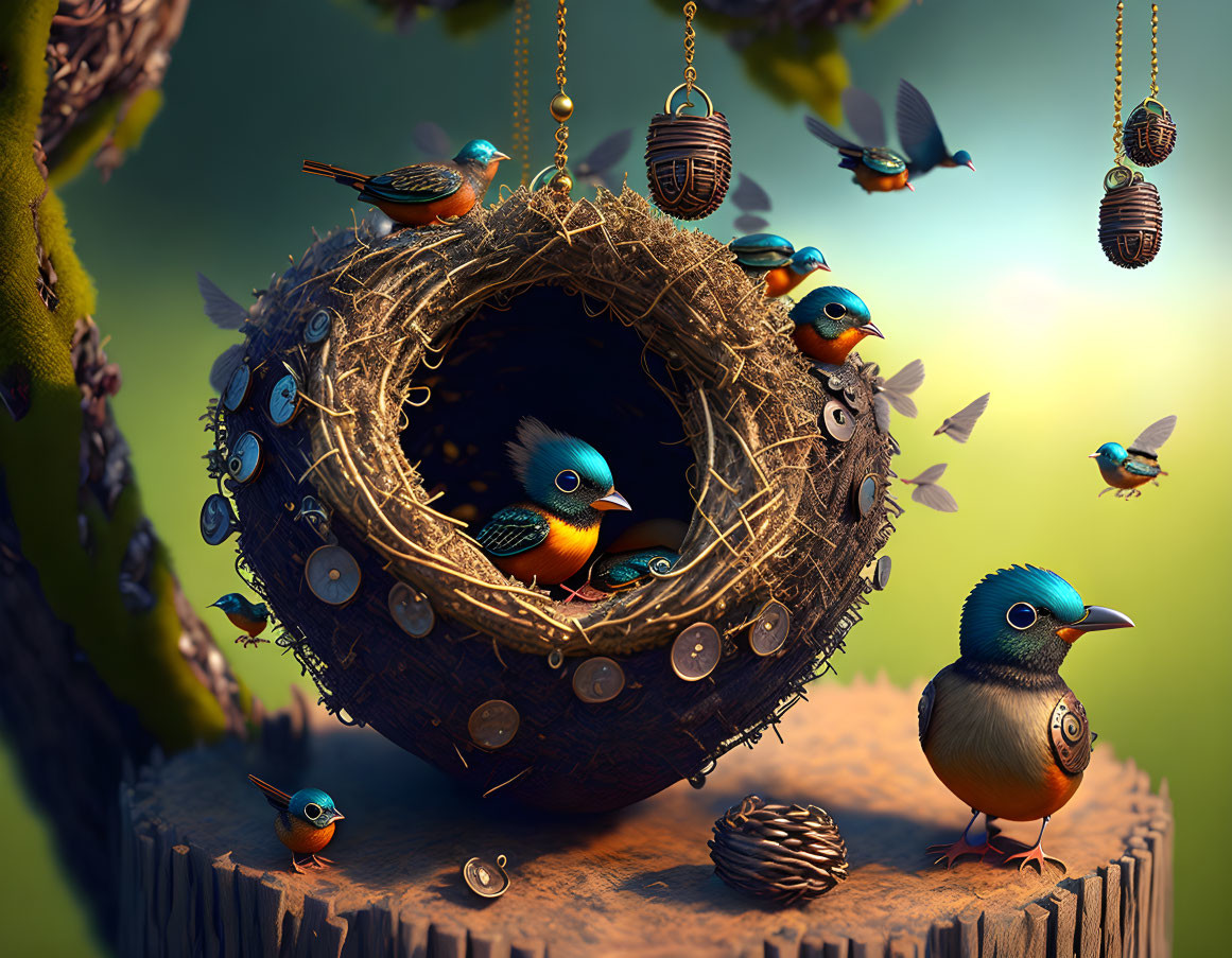 Colorful birds with large eyes around a nest with buttons and beads on a tree.