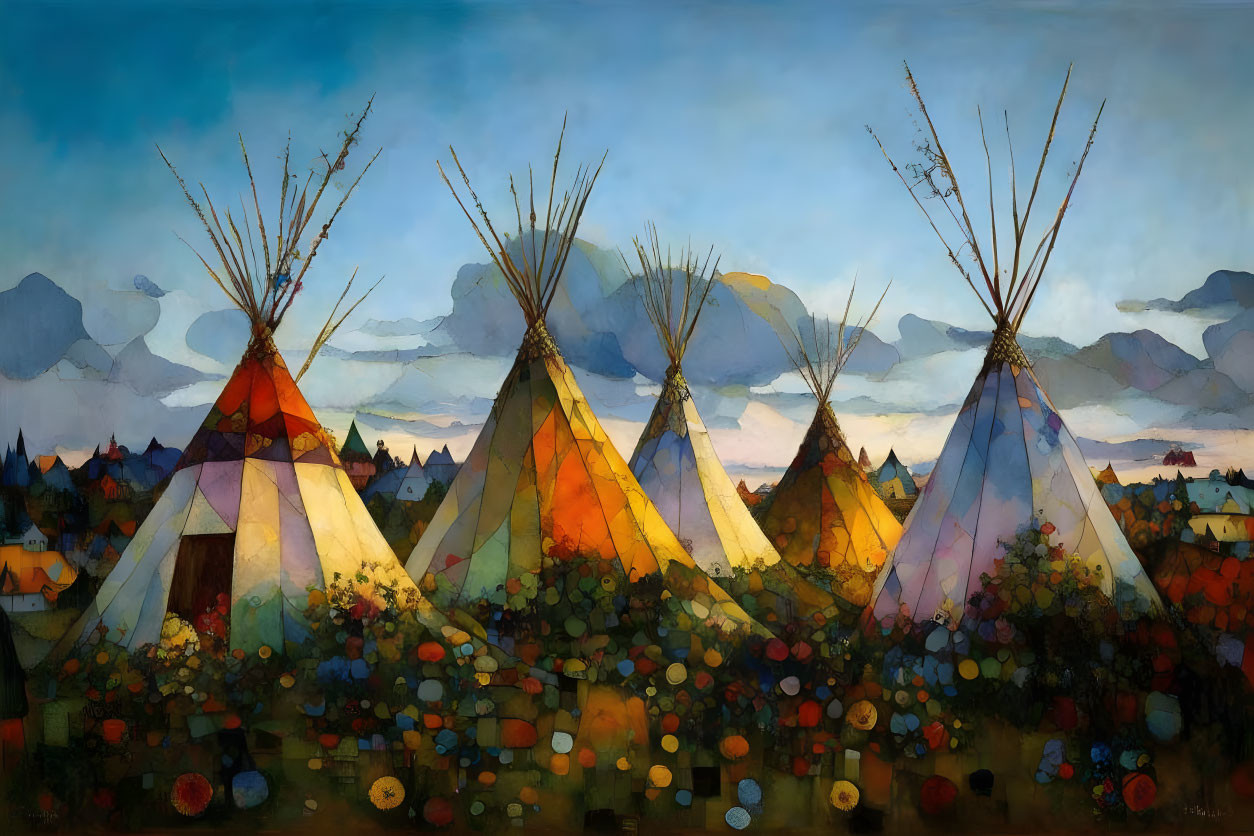 Vibrant Teepees Painting with Mountain and Flower Landscape