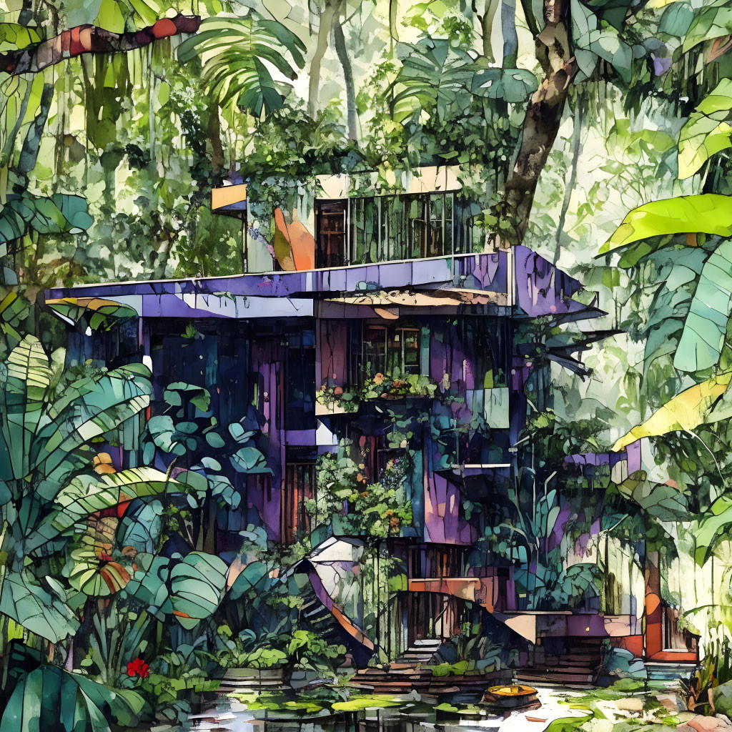 Vibrant watercolor of multi-story house in lush tropical setting