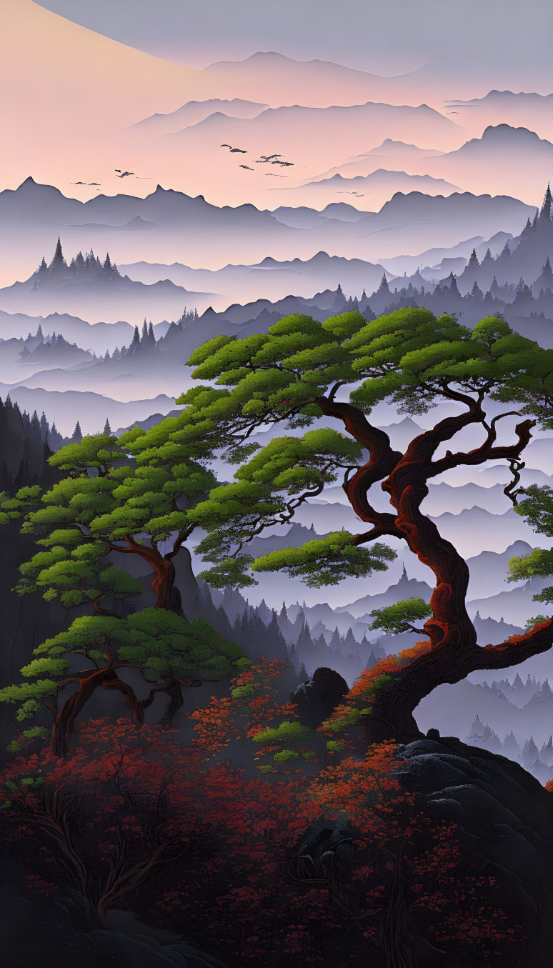 Layered Mountain Landscape with Twisting Tree and Birds in Dusk