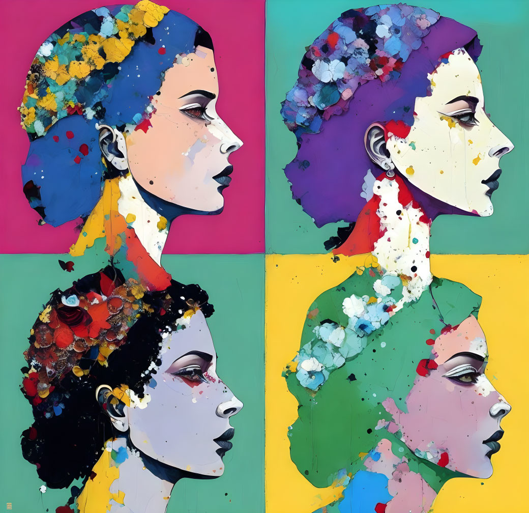 Stylized portraits of women in profile with vibrant backgrounds and floral motifs