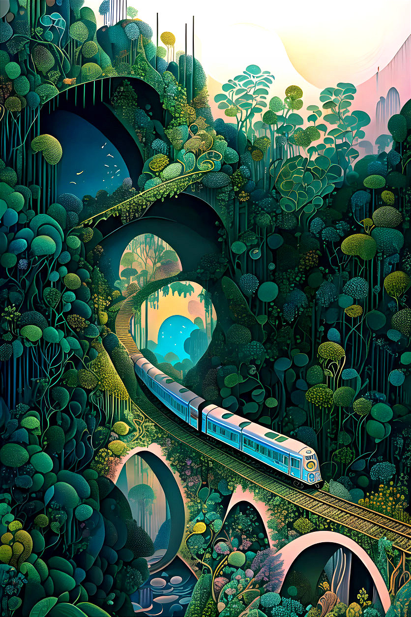 Illustration of train in lush forest with arched bridges