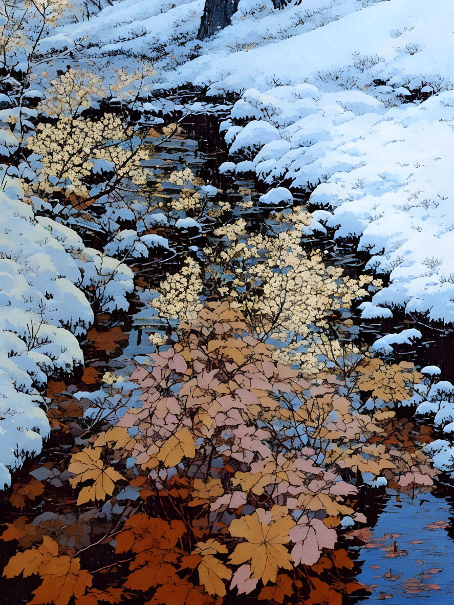 Winter landscape: snow-covered branches and autumn leaves by dark water.