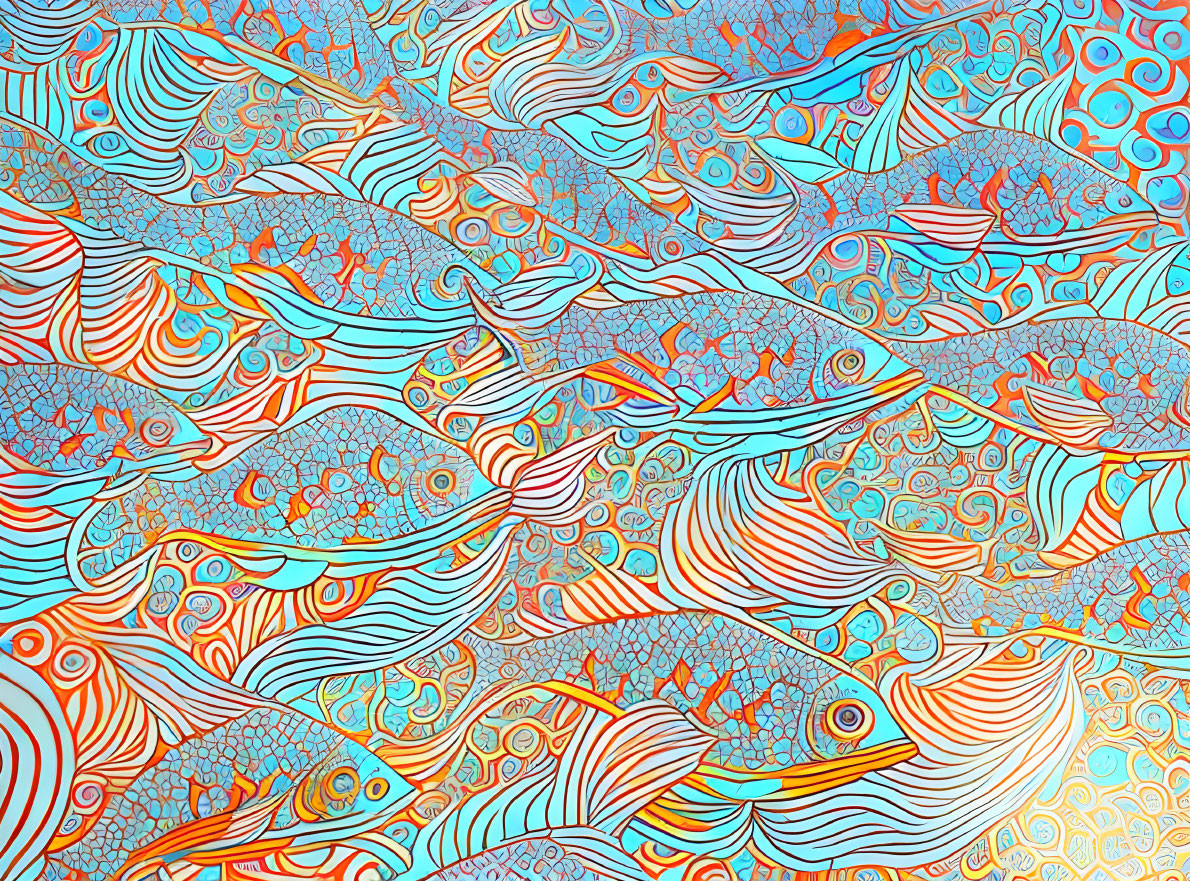 Colorful Abstract Illustration of Intertwined Fish with Detailed Patterns