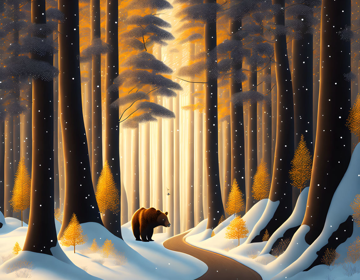 Tranquil winter forest with tall trees, sunlight, winding path, light snow, solitary bear