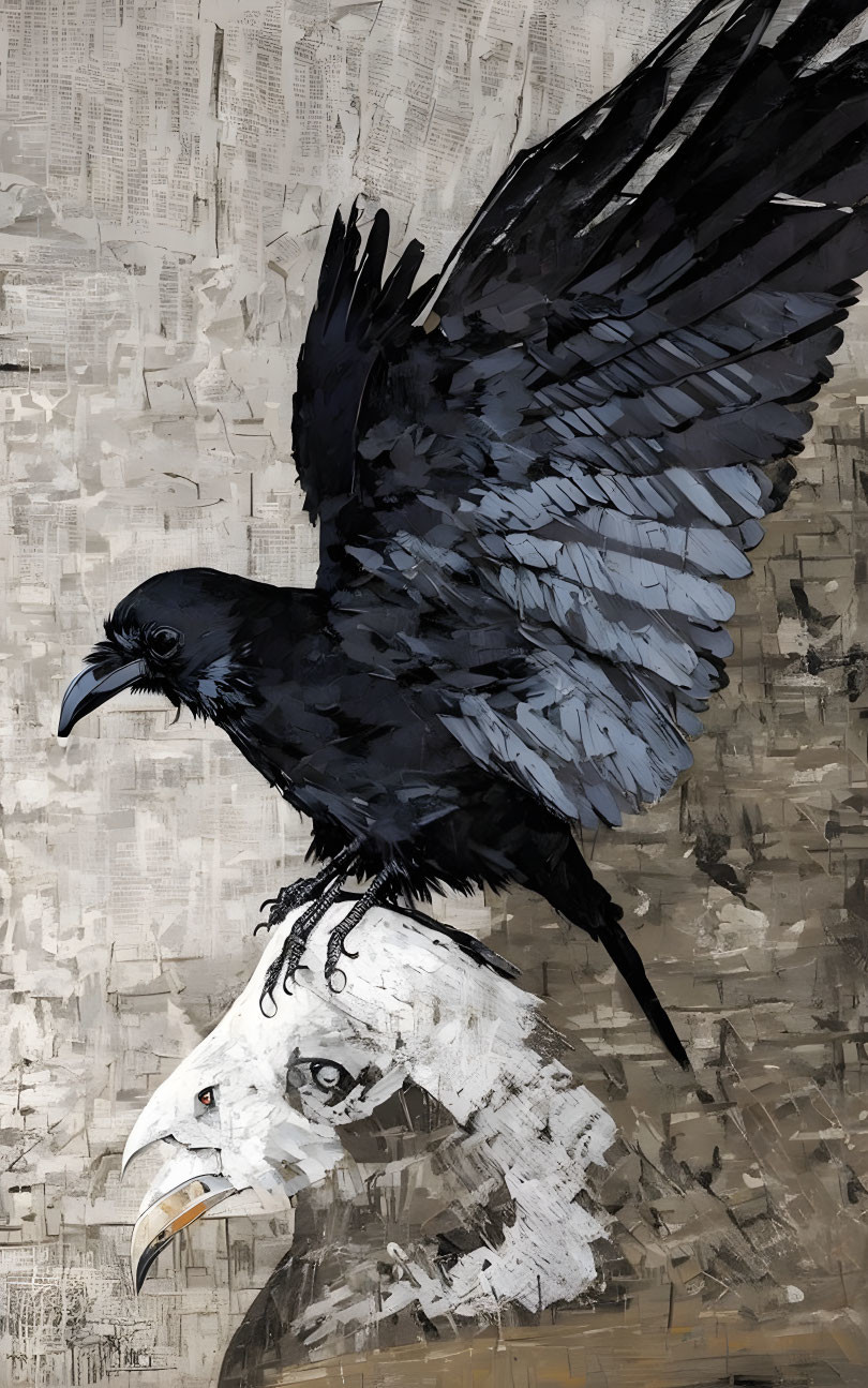 Digital artwork: Black raven on white eagle against aged newspaper background