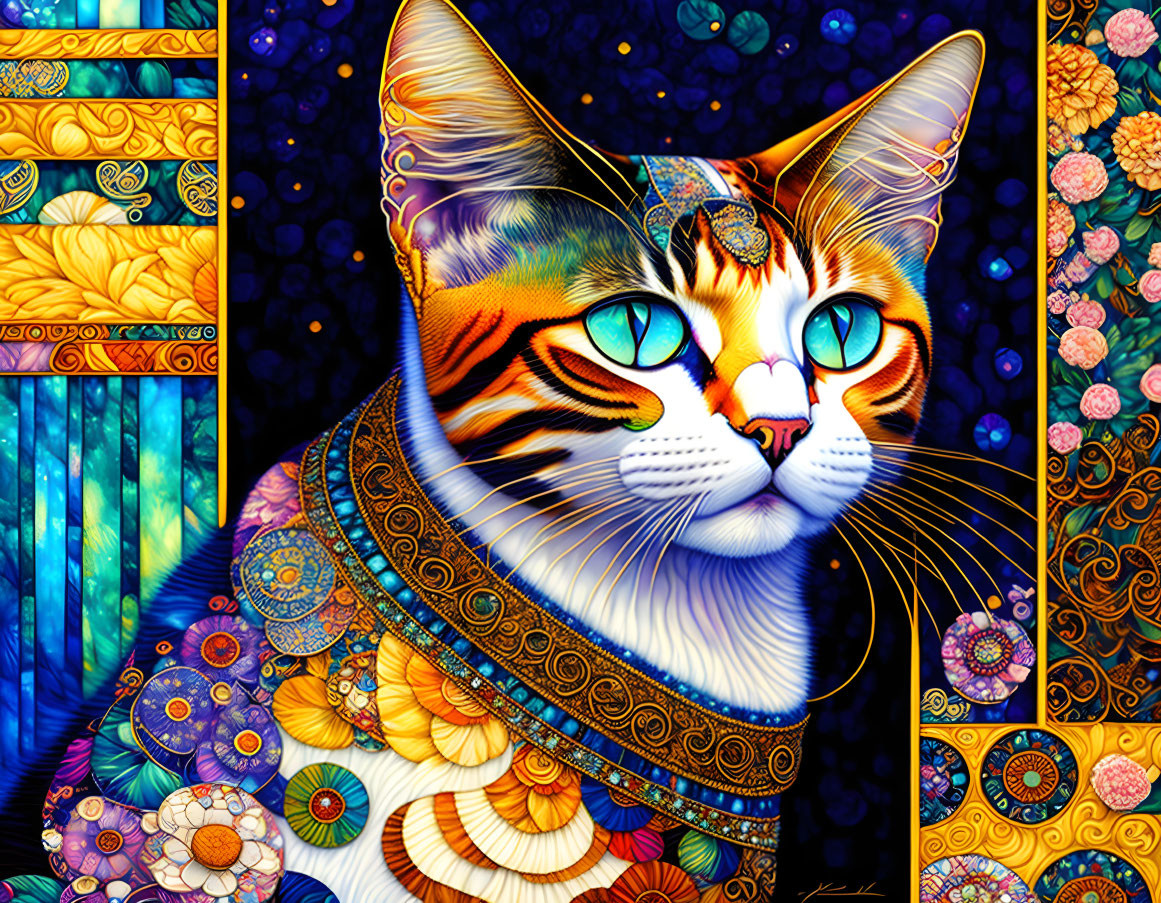 Colorful Cat Artwork with Intricate Patterns and Floral Motifs