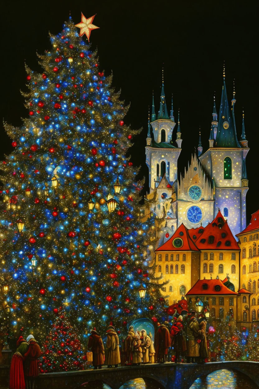 Tall Christmas tree with red and blue lights in historic square