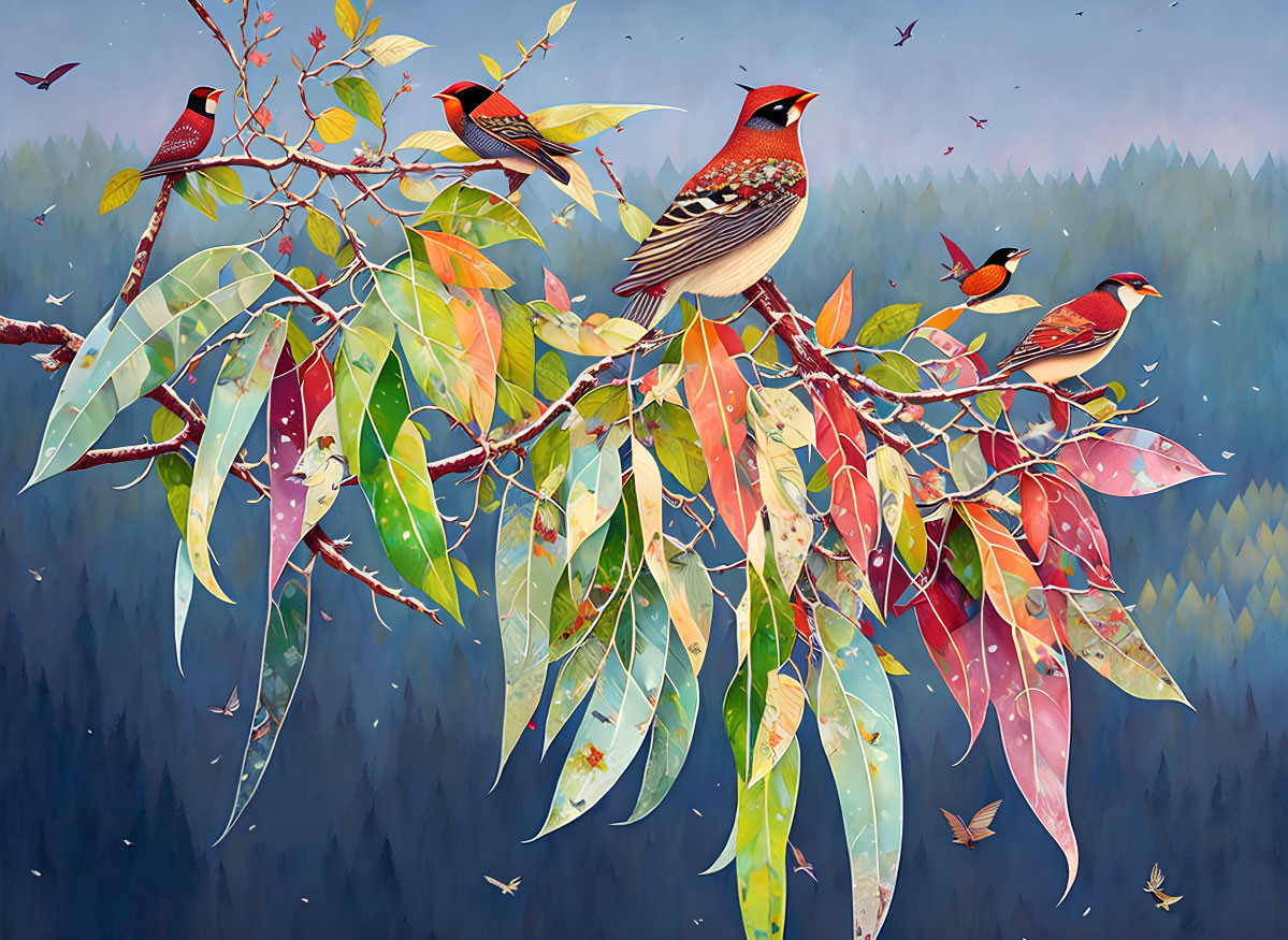 Colorful Birds Perched on Branch in Forest Scene