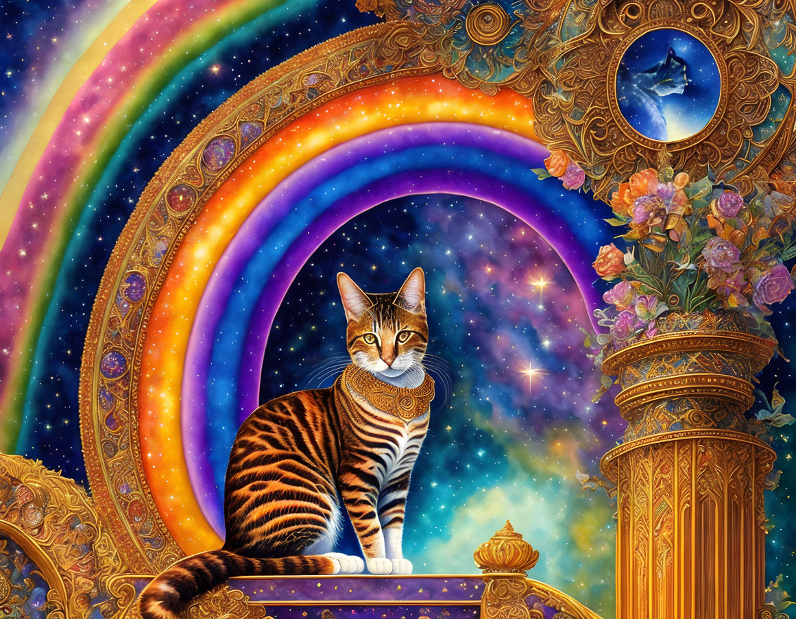 Majestic cat in cosmic rainbow with golden architecture and flowers