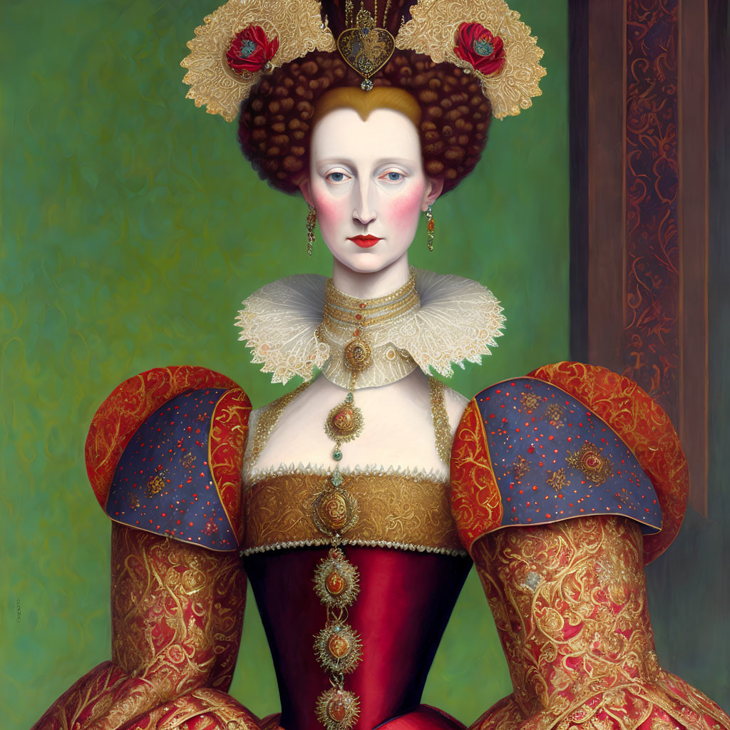 Portrait of a woman in ornate Renaissance attire with high collar and jeweled bodice