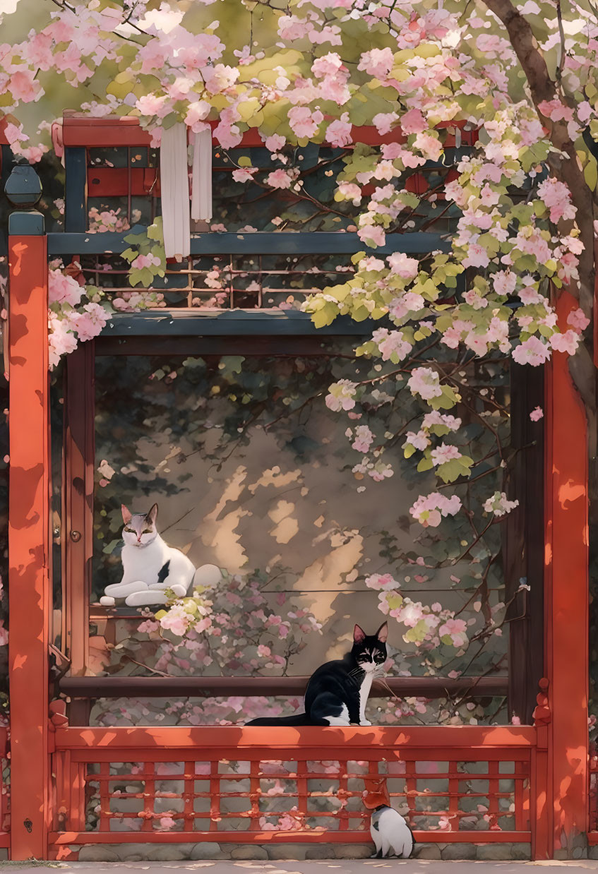 Two Cats Relaxing on Red Wooden Window Frame with Pink and White Flowers