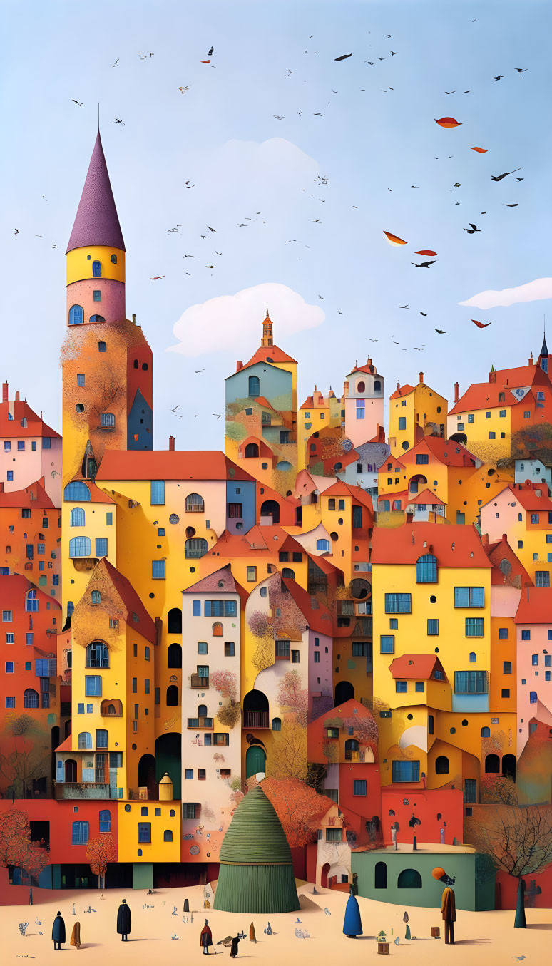 Vibrant town illustration with colorful buildings, tower, trees, and birds