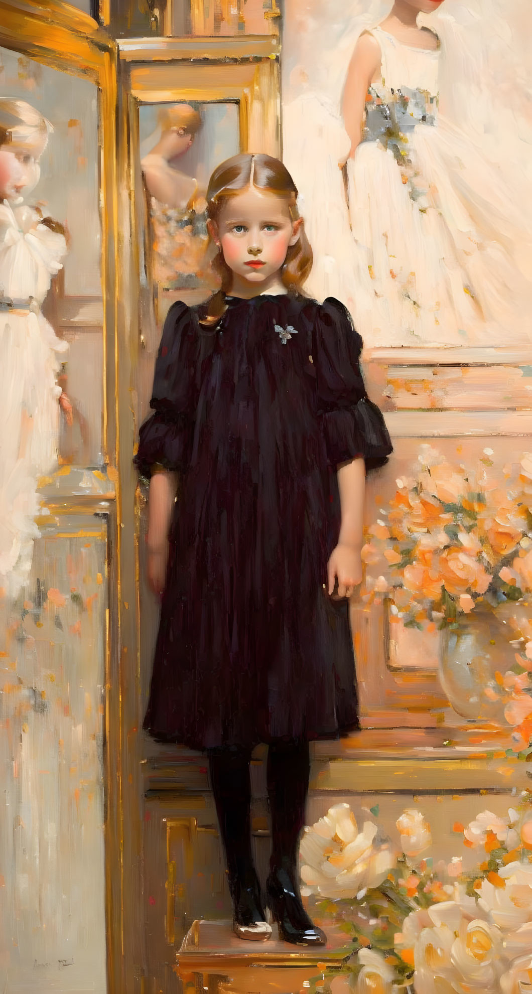 Young girl in black dress by door with floral accents and children in background.