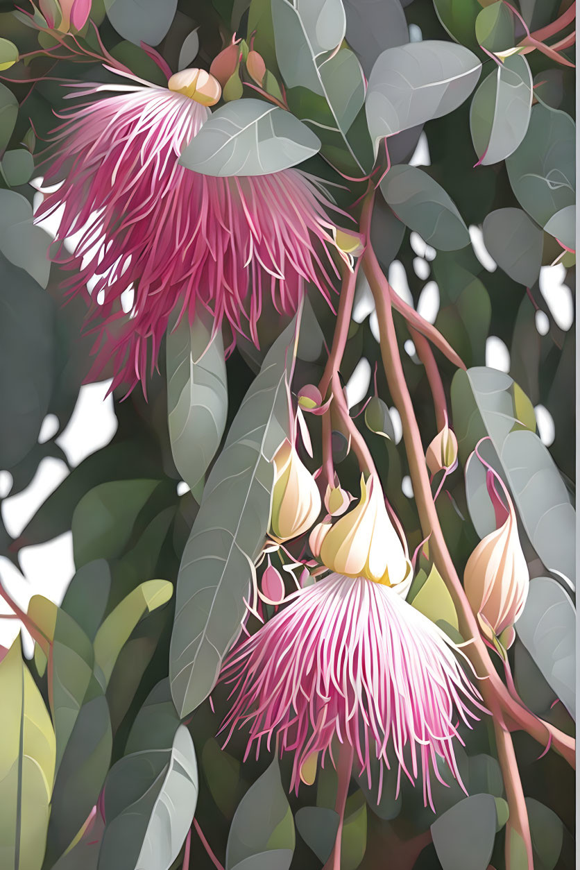 Pink bottlebrush flowers and buds with green leaves in soft-focus effect