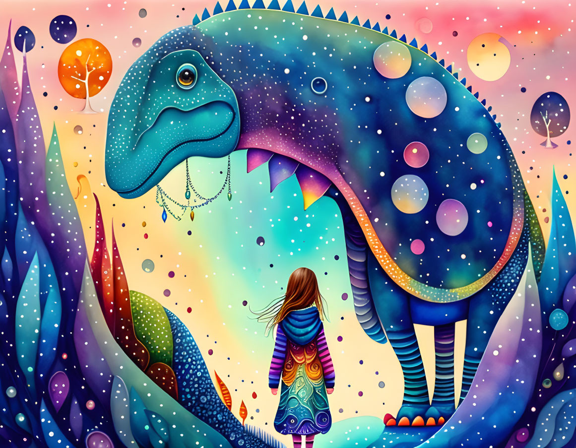 Colorful illustration: Girl with blue dinosaur in whimsical landscape