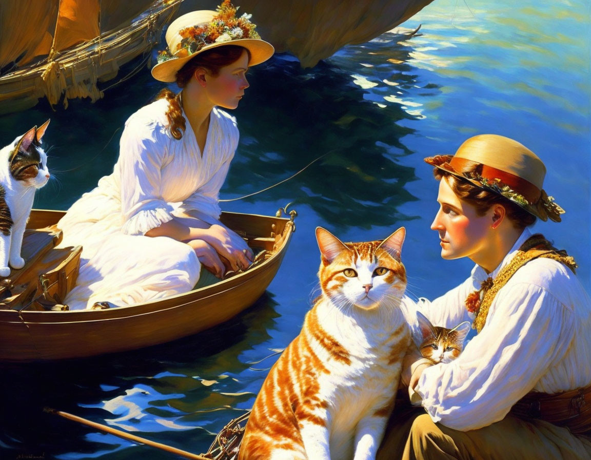 Two women in vintage clothing with cats in rowboat