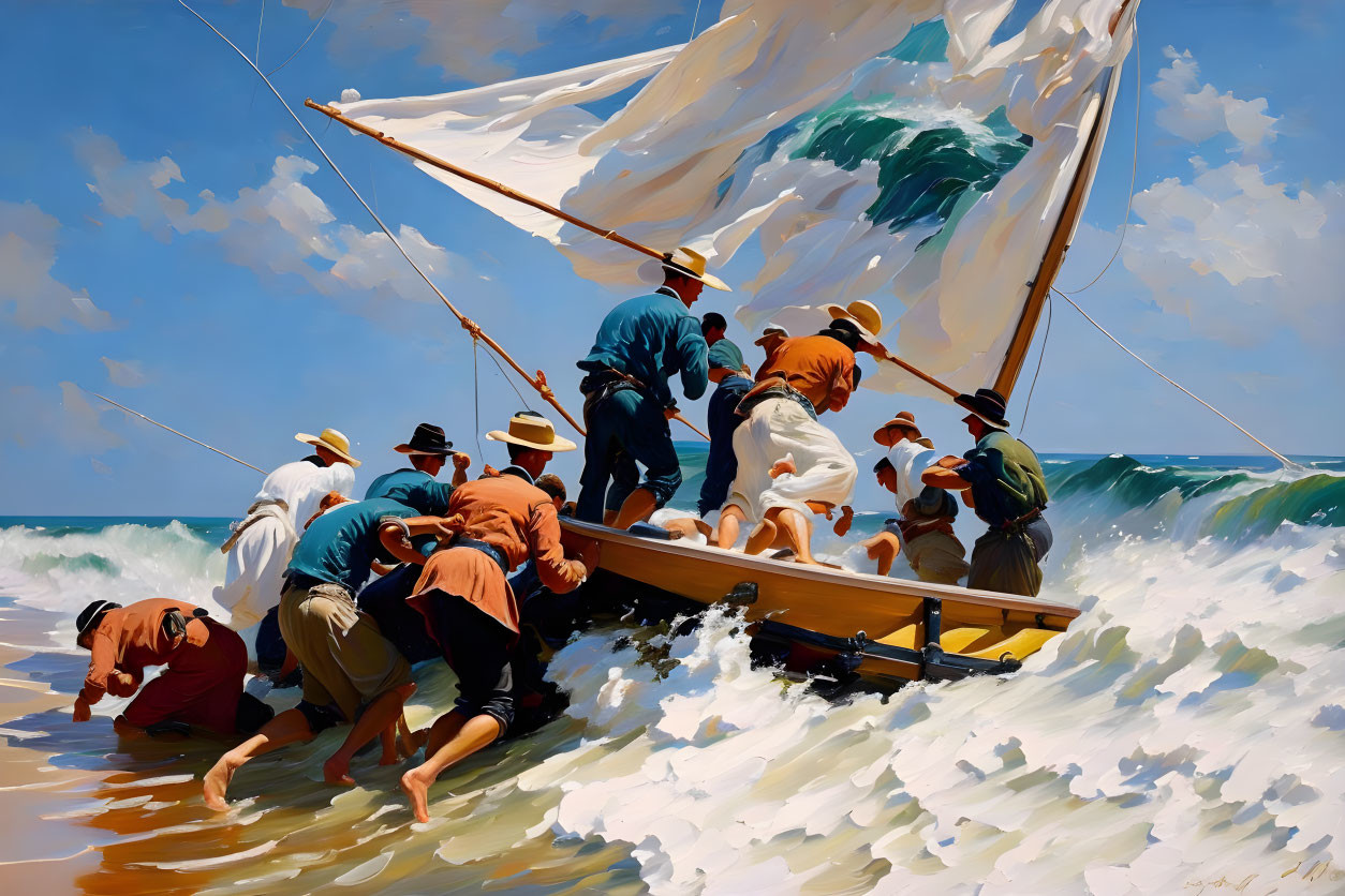 Group on sailboat battling waves under bright sky