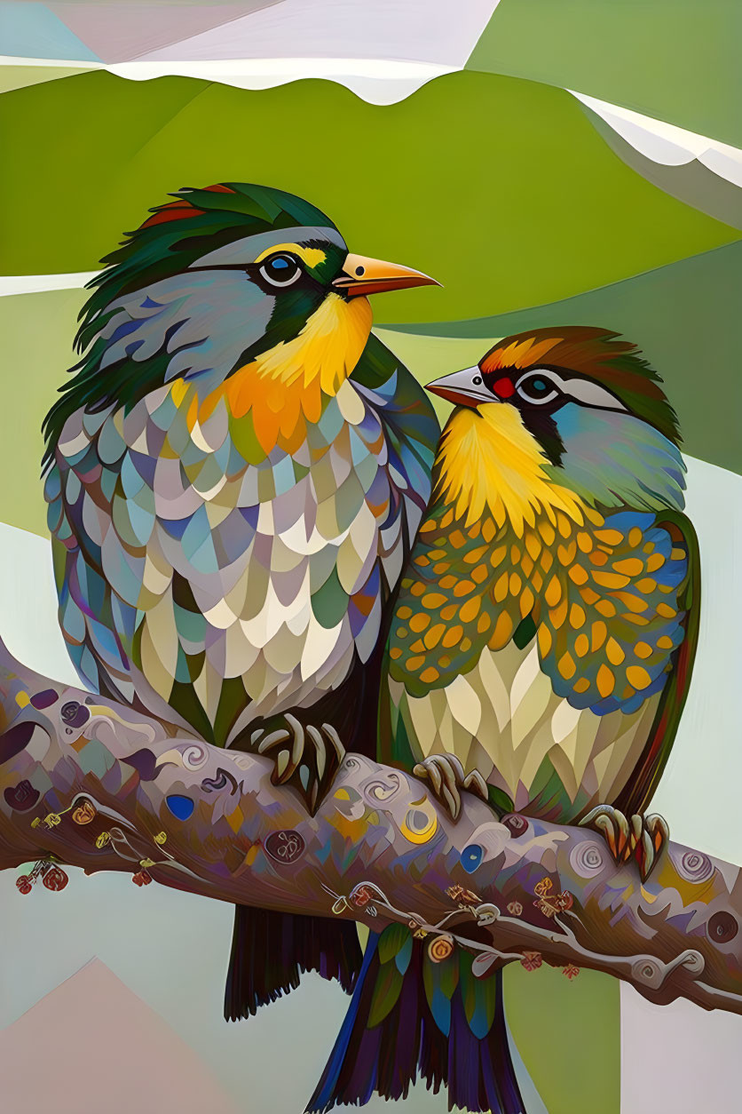 Colorful Birds on Branch with Geometric Background