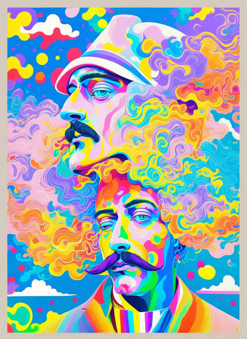 Colorful Psychedelic Portrait of Two Male Faces with Facial Hair