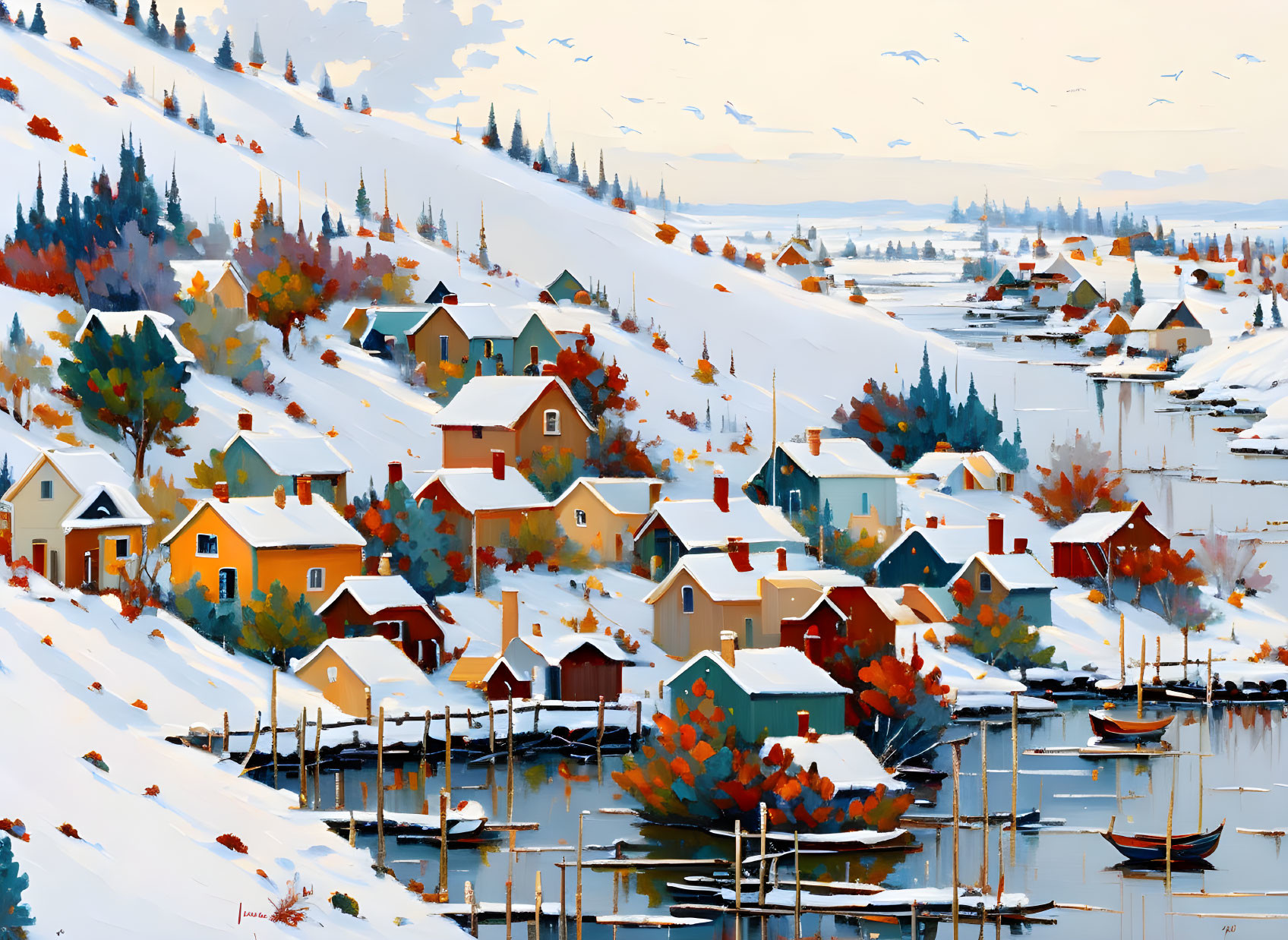 Colorful snowy village painting with autumn trees, river, boats, and cloudy sky