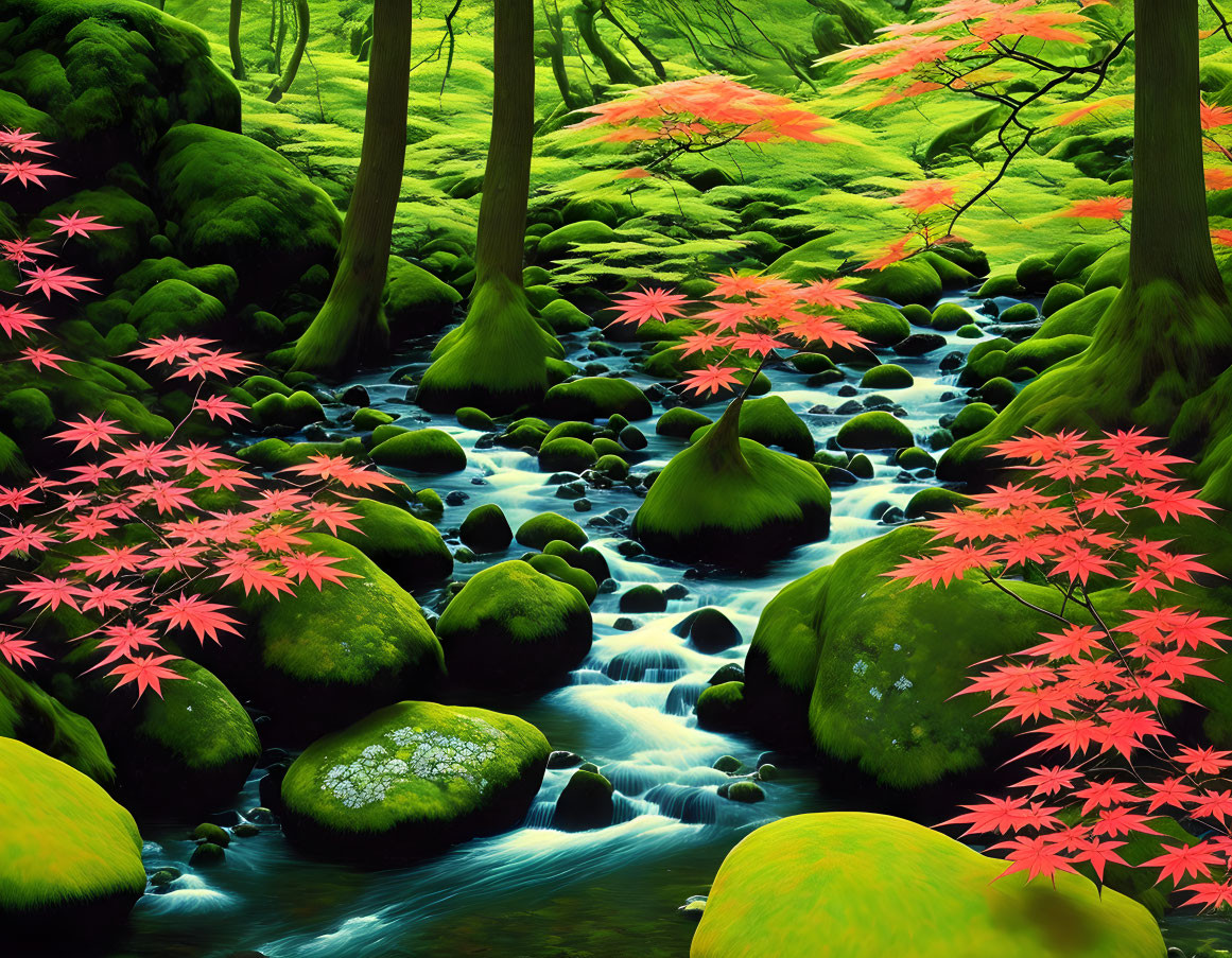 Tranquil stream with moss-covered rocks and red-leafed trees