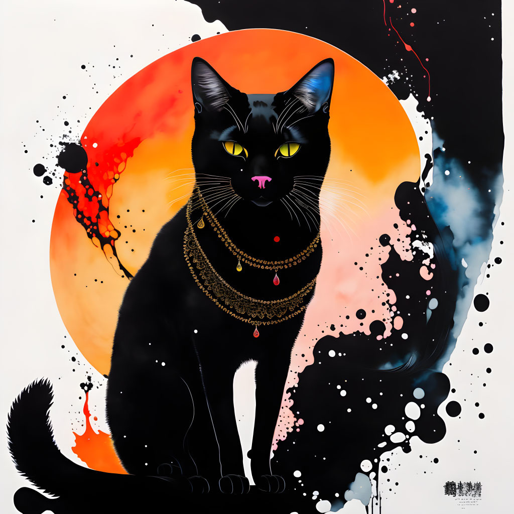 Stylized painting of black cat with yellow eyes and gold necklace on vivid orange backdrop