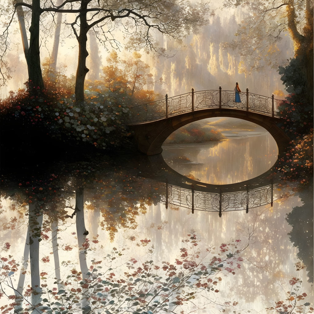 Autumnal park scene with two people on arched bridge