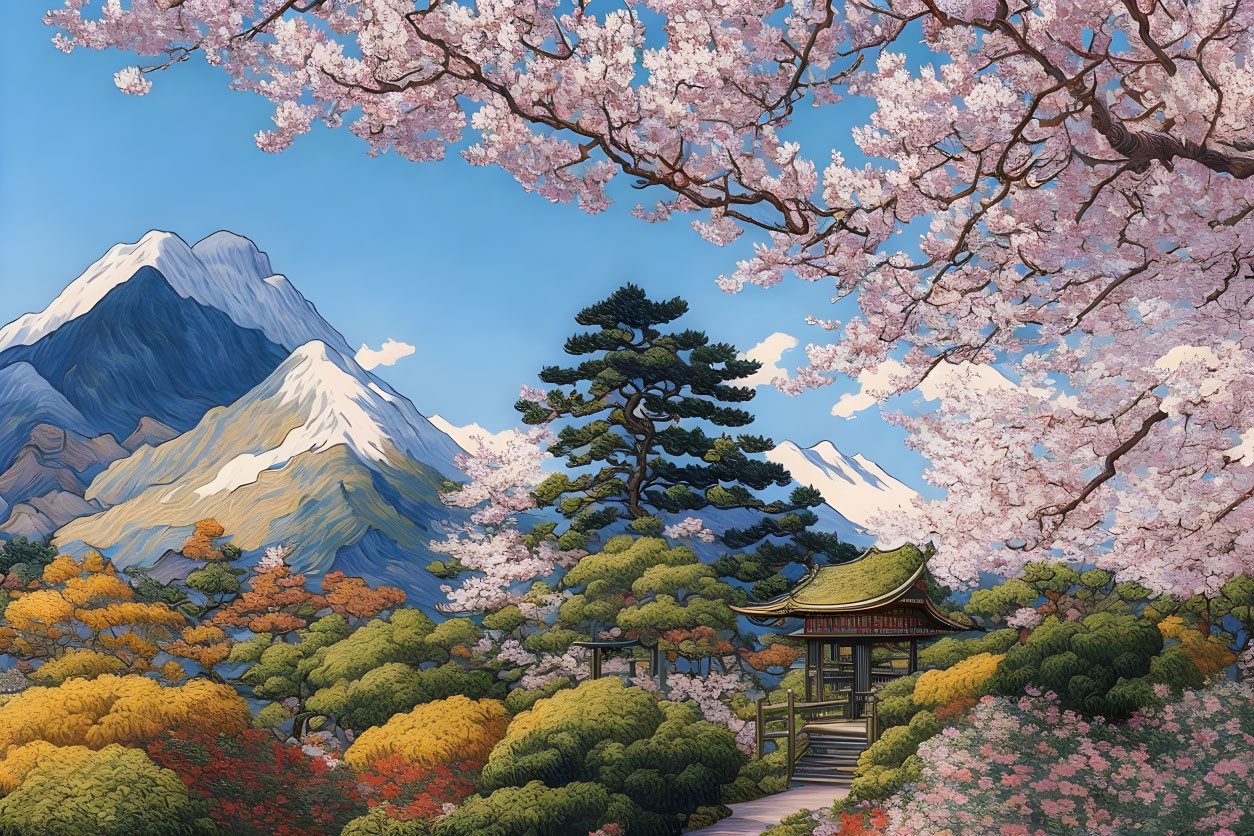 Cherry Blossoms, Pavilion, Mountain, Blue Sky